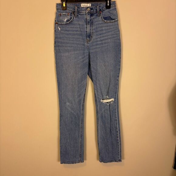 Abercrombie & Fitch The 90's Slim Straight Distressed Knee Ultra High Rise Jeans - Picture 1 of 6